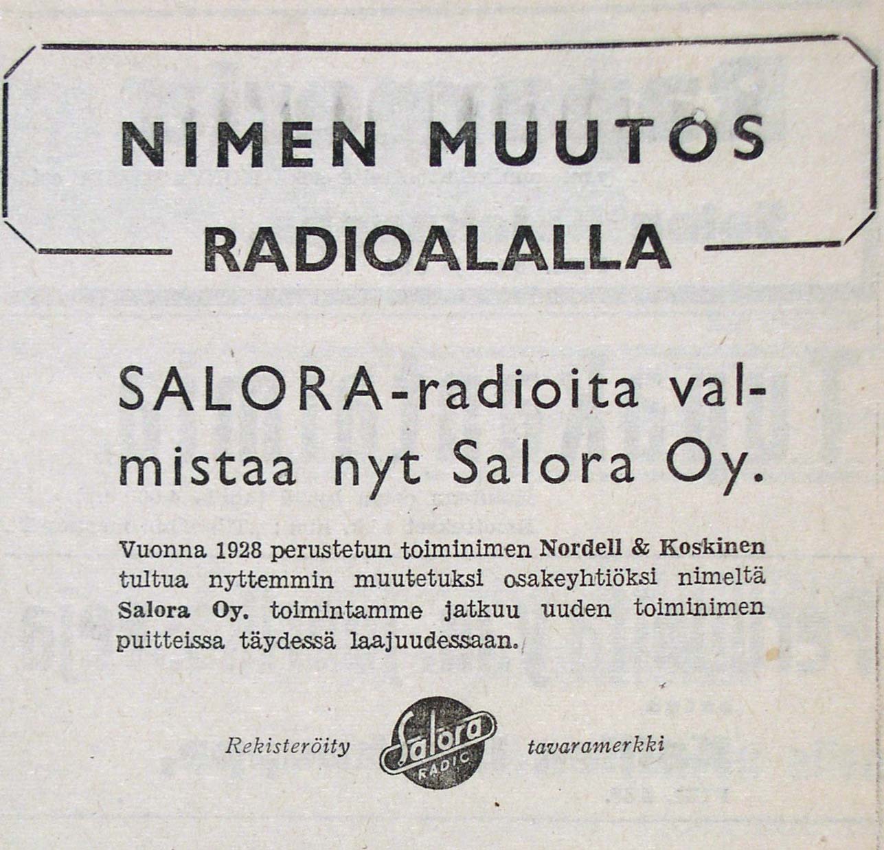 Nordell & Koskinen vaihtaa nimensä Saloraksi, lehti-ilmoitus.