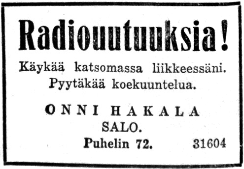 Radiouutuuksia! Onni Hakalan radioliikkeen lehtimainos.