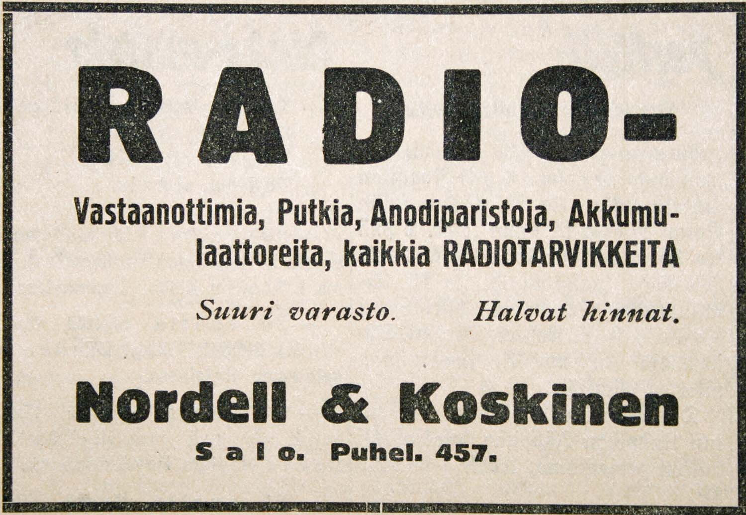 Nordell & Koskisen lehtimainos, radiovastaanottimia ja tarvikkeita.