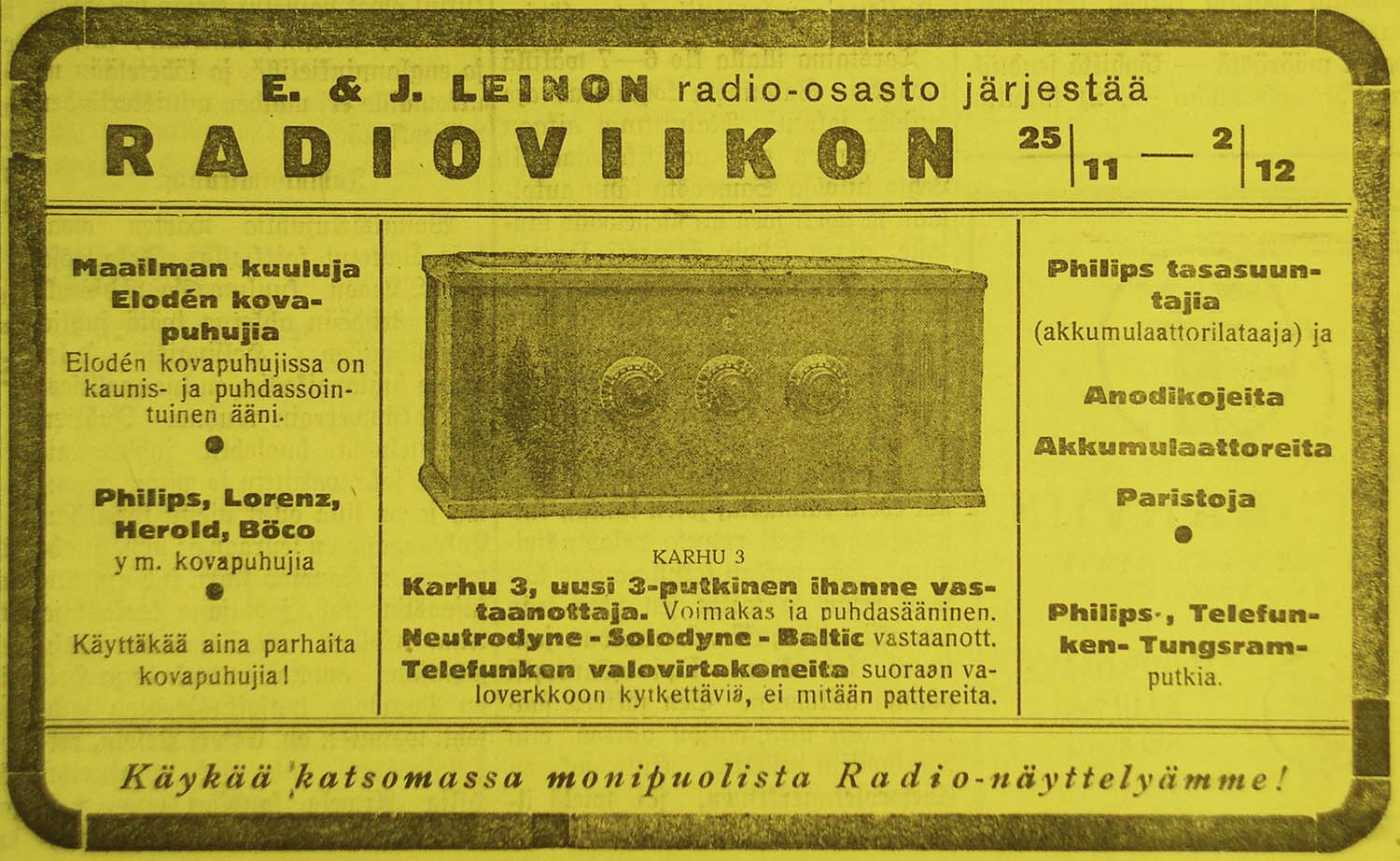 Radioviikon lehtimainos, E. ja J. Leino. SSK 23.11.1928.